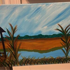 Landscape Canvas Art with Blue Sky and Green Fields